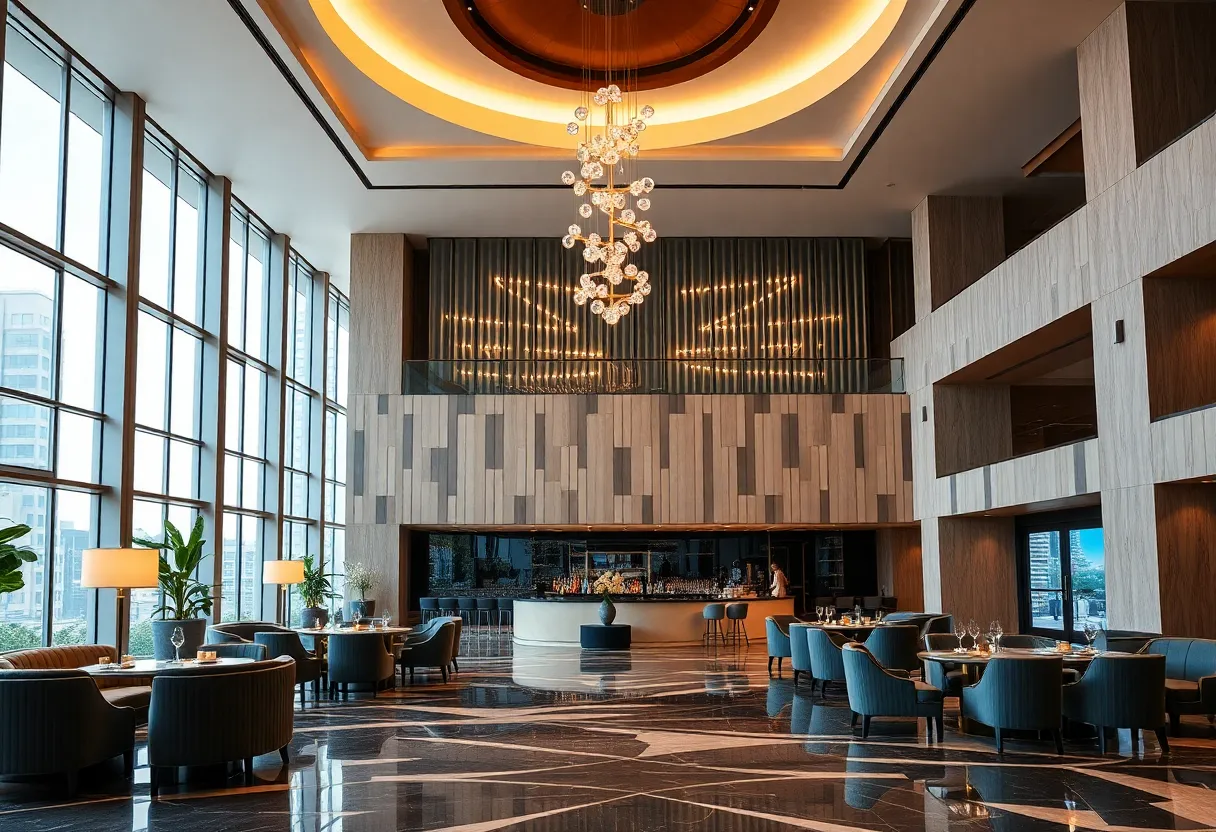 Conceptual image of the Erieview Tower Hotel lobby and rooftop bar