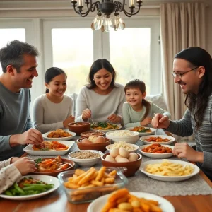 A family coming together for a meal, symbolizing love and unity.