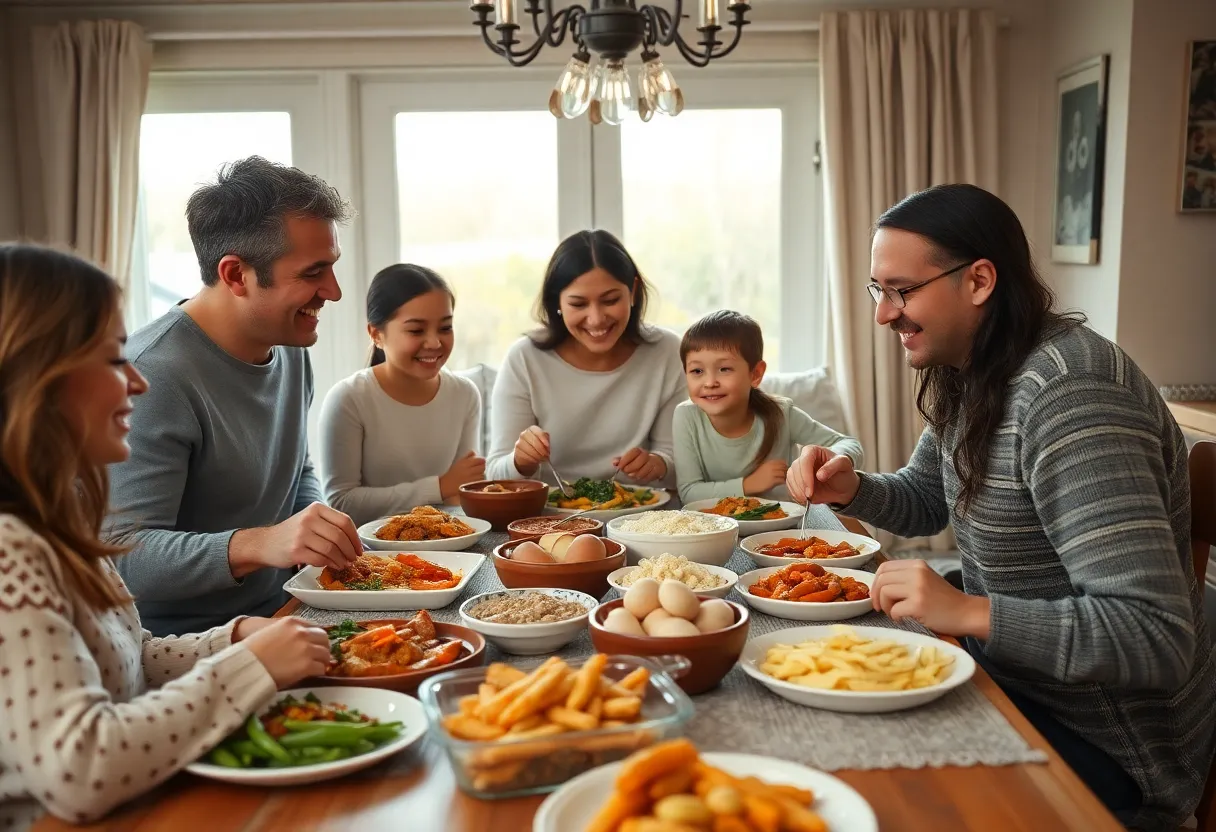 A family coming together for a meal, symbolizing love and unity.