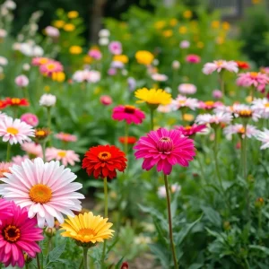 A bright and colorful garden filled with flowers