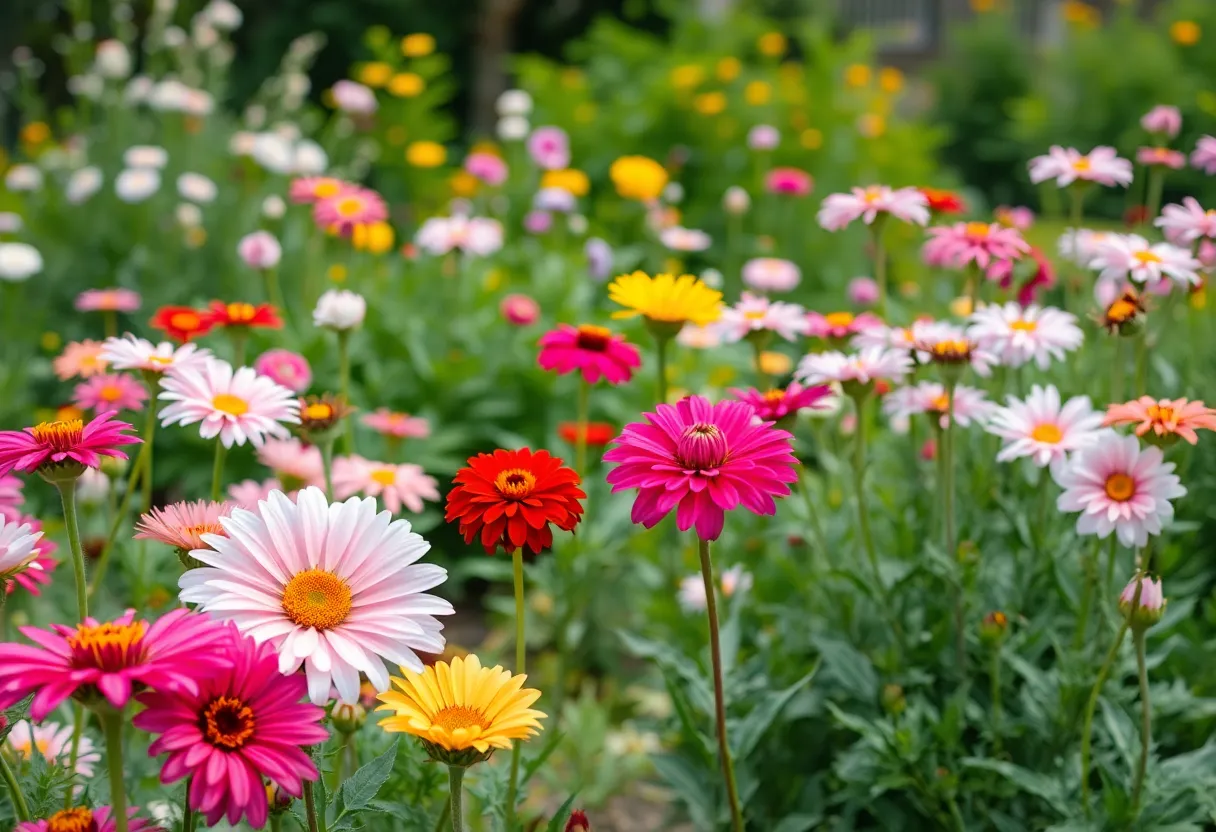 A bright and colorful garden filled with flowers