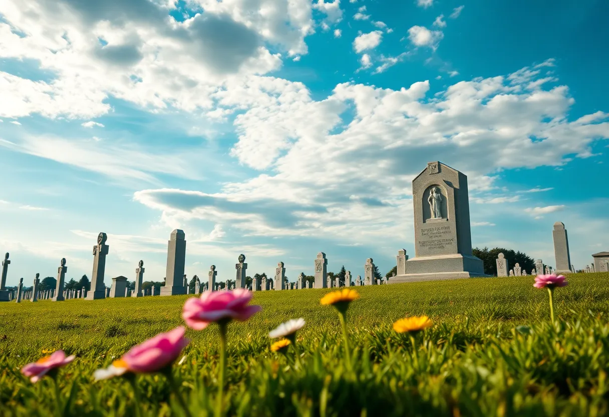 Cemetery scene with flowers and a peaceful sky representing legacy.