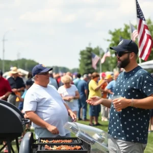 People enjoying Labor Day festivities in Cleveland with the National Air Show in the background