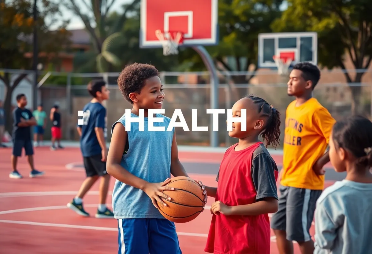 Young athletes participating in a community basketball event for health awareness