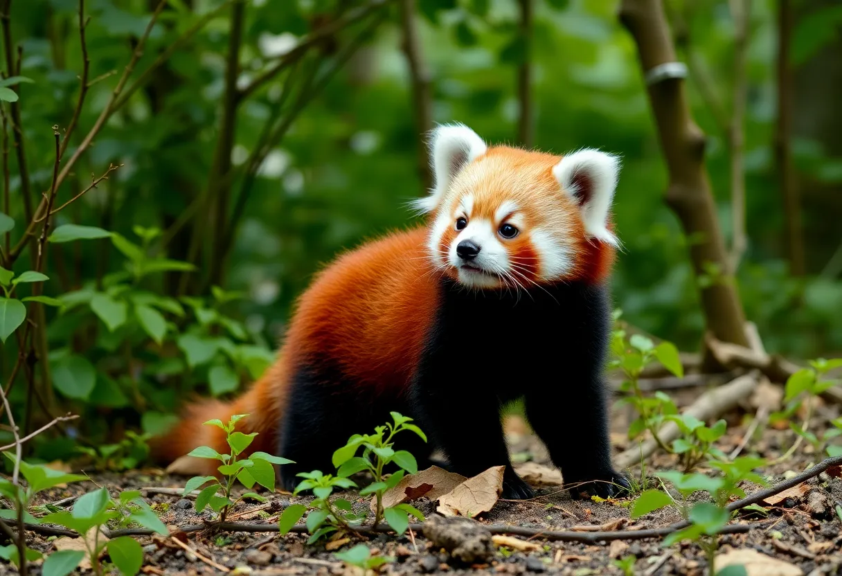 A red panda cub named Leela playing in the zoo