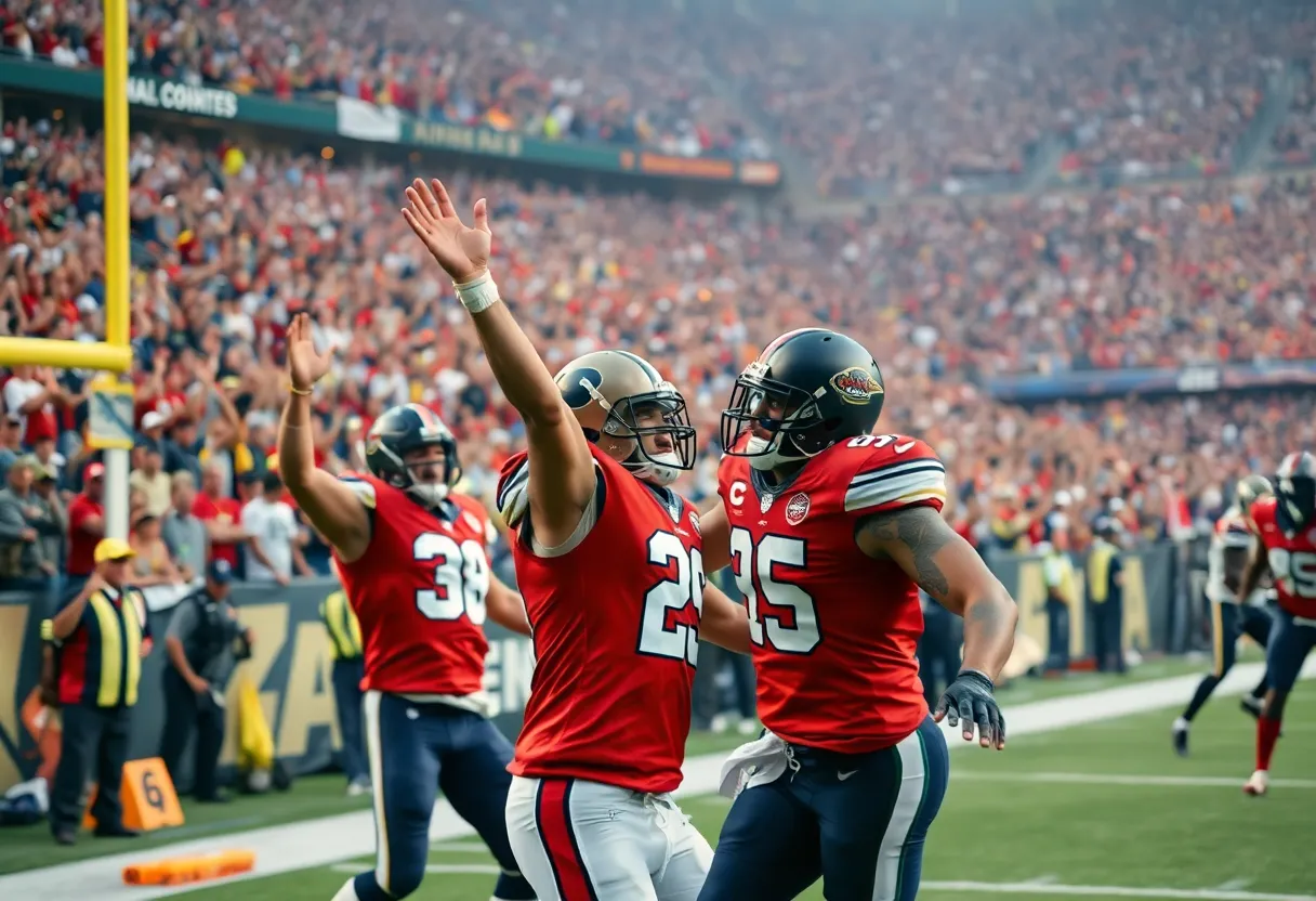 Detroit Lions players celebrating a touchdown during a game