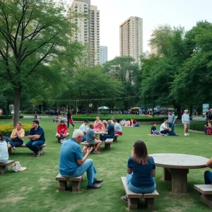 Busy Market Park Square filled with people and greenery