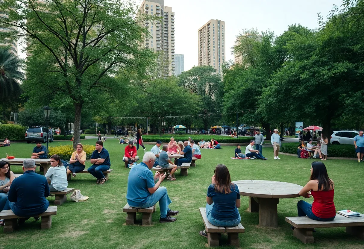 Busy Market Park Square filled with people and greenery