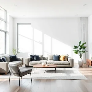 A sleek modern living room showcasing contemporary design elements.