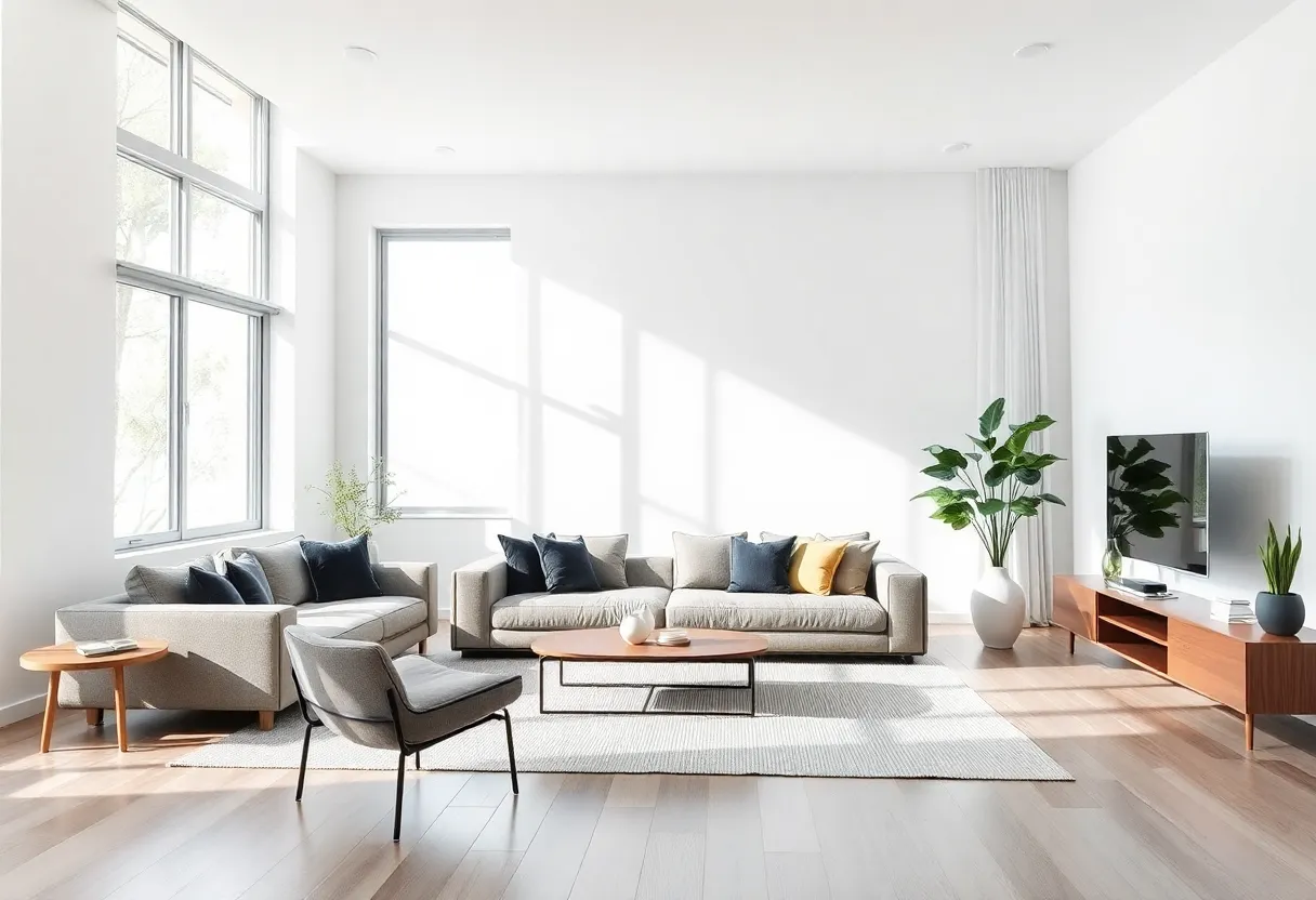 A sleek modern living room showcasing contemporary design elements.