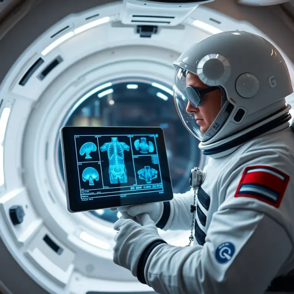 An astronaut using a portable x-ray machine in space