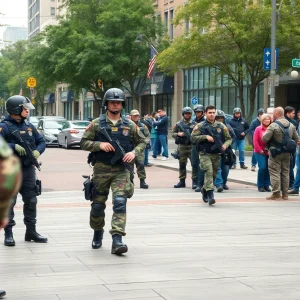 National Guard troops engaging with local law enforcement in a city setting.