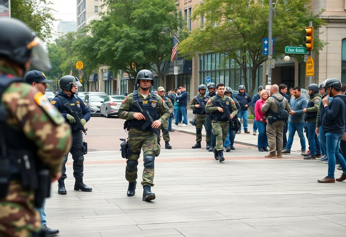 National Guard troops engaging with local law enforcement in a city setting.