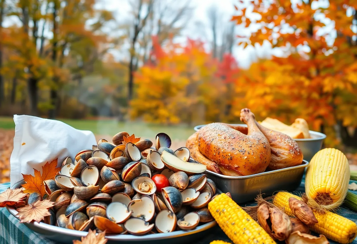 A traditional clambake in Northeast Ohio featuring seafood and seasonal vegetables