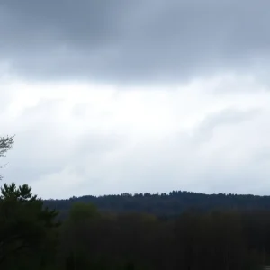 Landscape of Northeast Ohio experiencing a cold front with rain and cloudy skies.