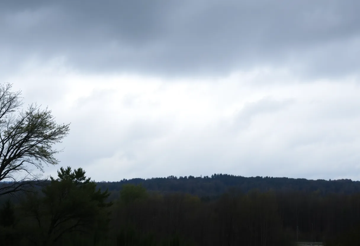 Landscape of Northeast Ohio experiencing a cold front with rain and cloudy skies.