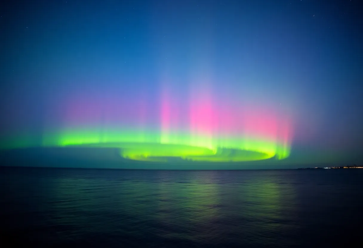 Stunning northern lights illuminating the sky over Lake Erie