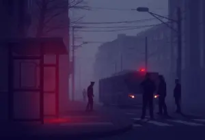 Illustration of a bus stop in an urban area with police presence.