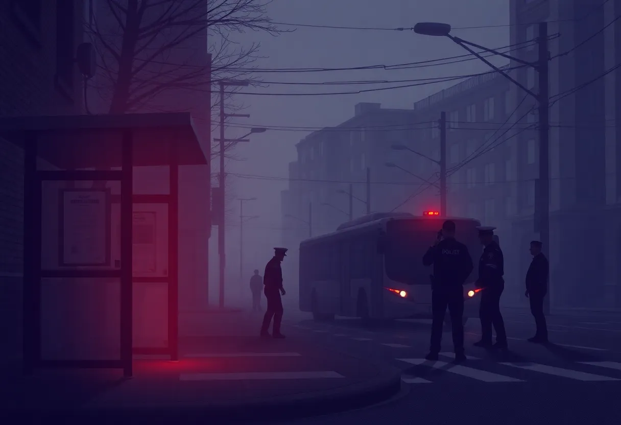 Illustration of a bus stop in an urban area with police presence.