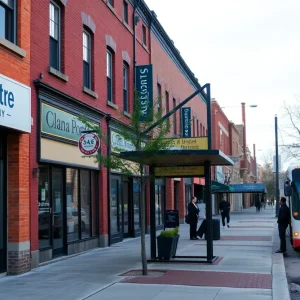 A local business area in Ohio City, Cleveland, showing a bus stop and shops, reflective of community concerns following a recent shooting.
