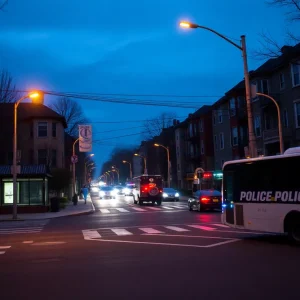 Police flashing lights at a bus stop in Ohio City