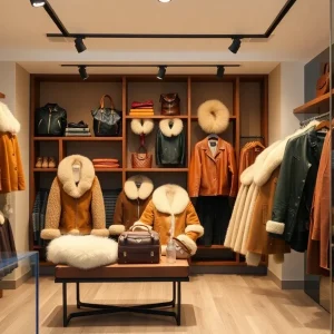 Interior of Overland Sheepskin Co. showcasing jackets and accessories.