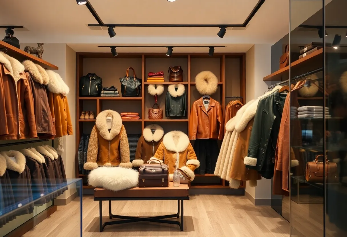 Interior of Overland Sheepskin Co. showcasing jackets and accessories.