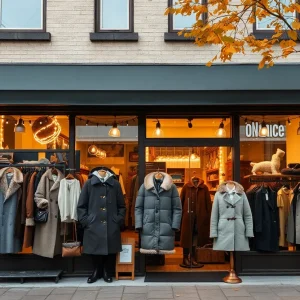 Exterior of Overland store in Chagrin Falls with autumn decorations