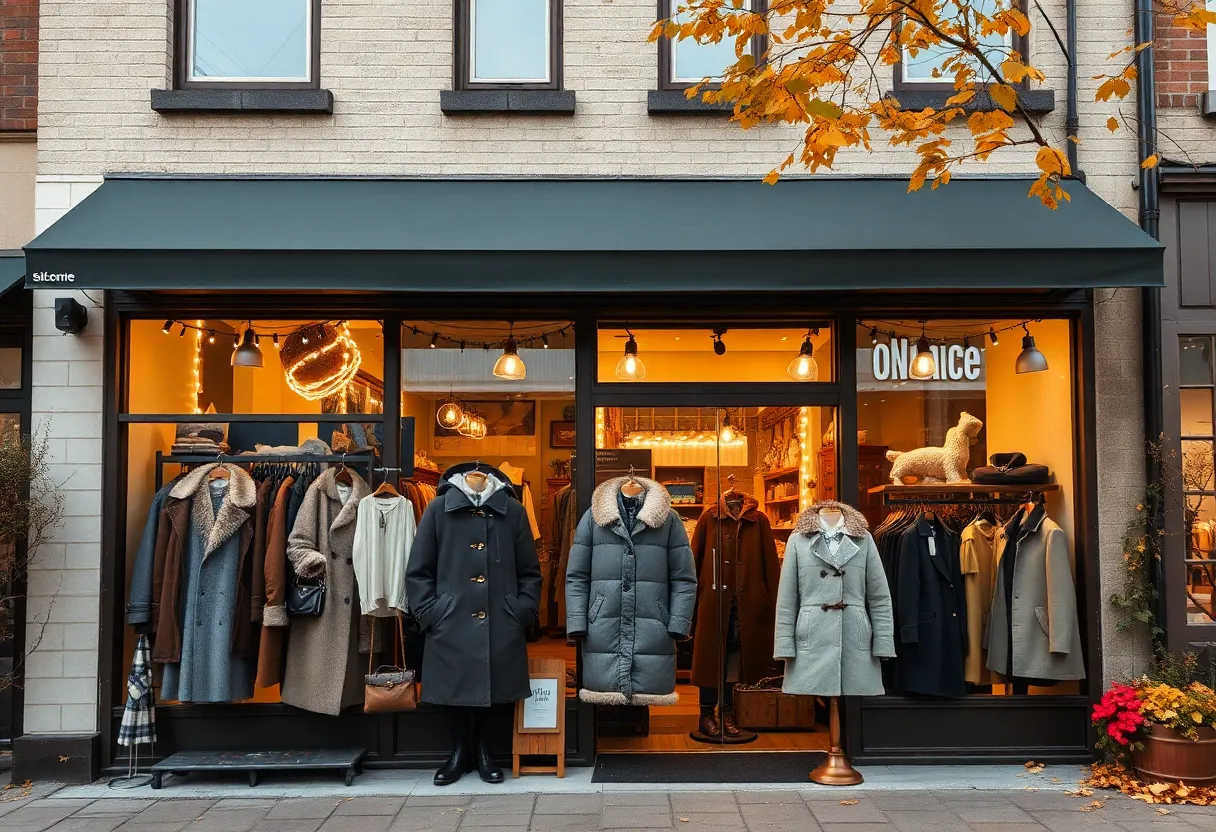 Exterior of Overland store in Chagrin Falls with autumn decorations