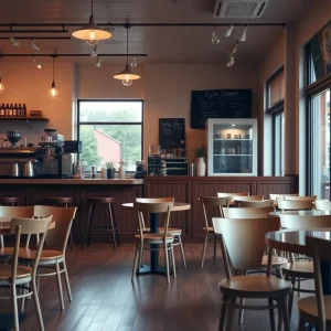 Interior of Phoenix Coffee with empty seating and coffee equipment