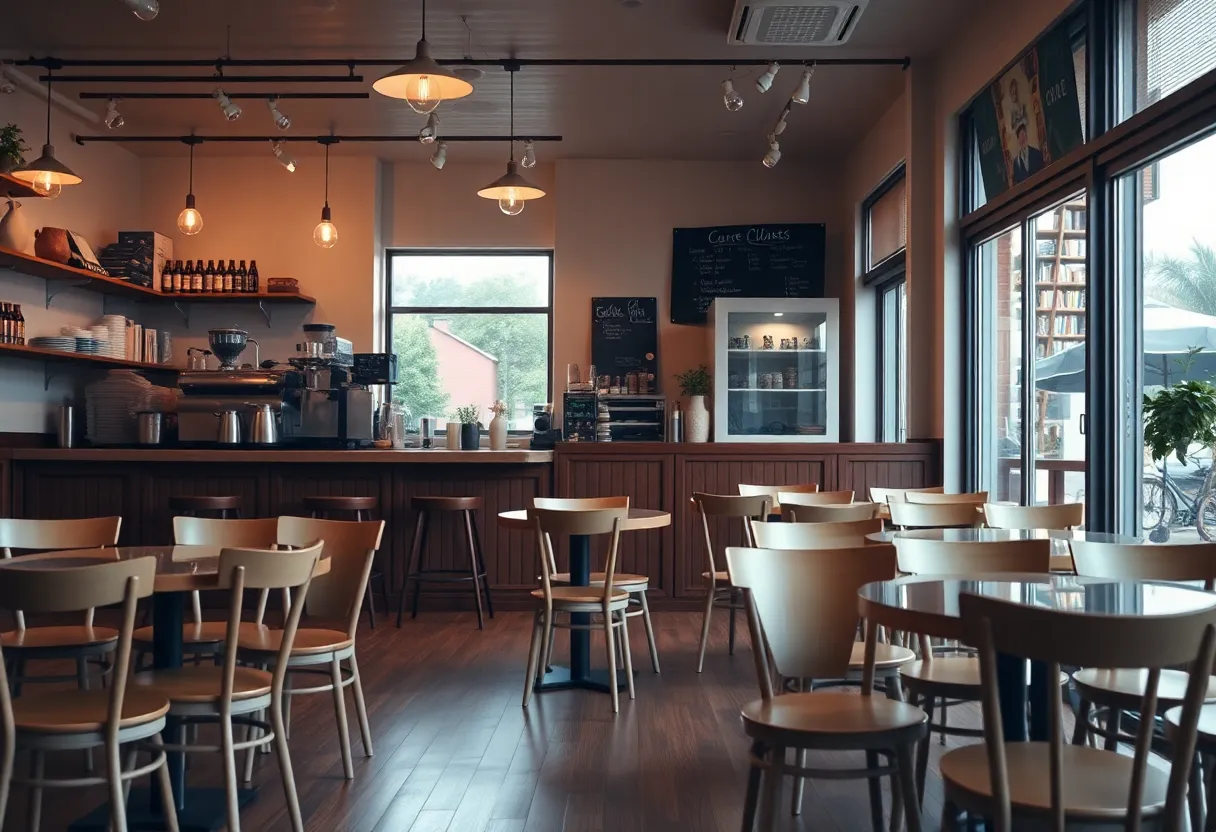 Interior of Phoenix Coffee with empty seating and coffee equipment