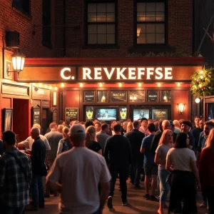 Exterior view of Play Bar & Grill with crowd management in action