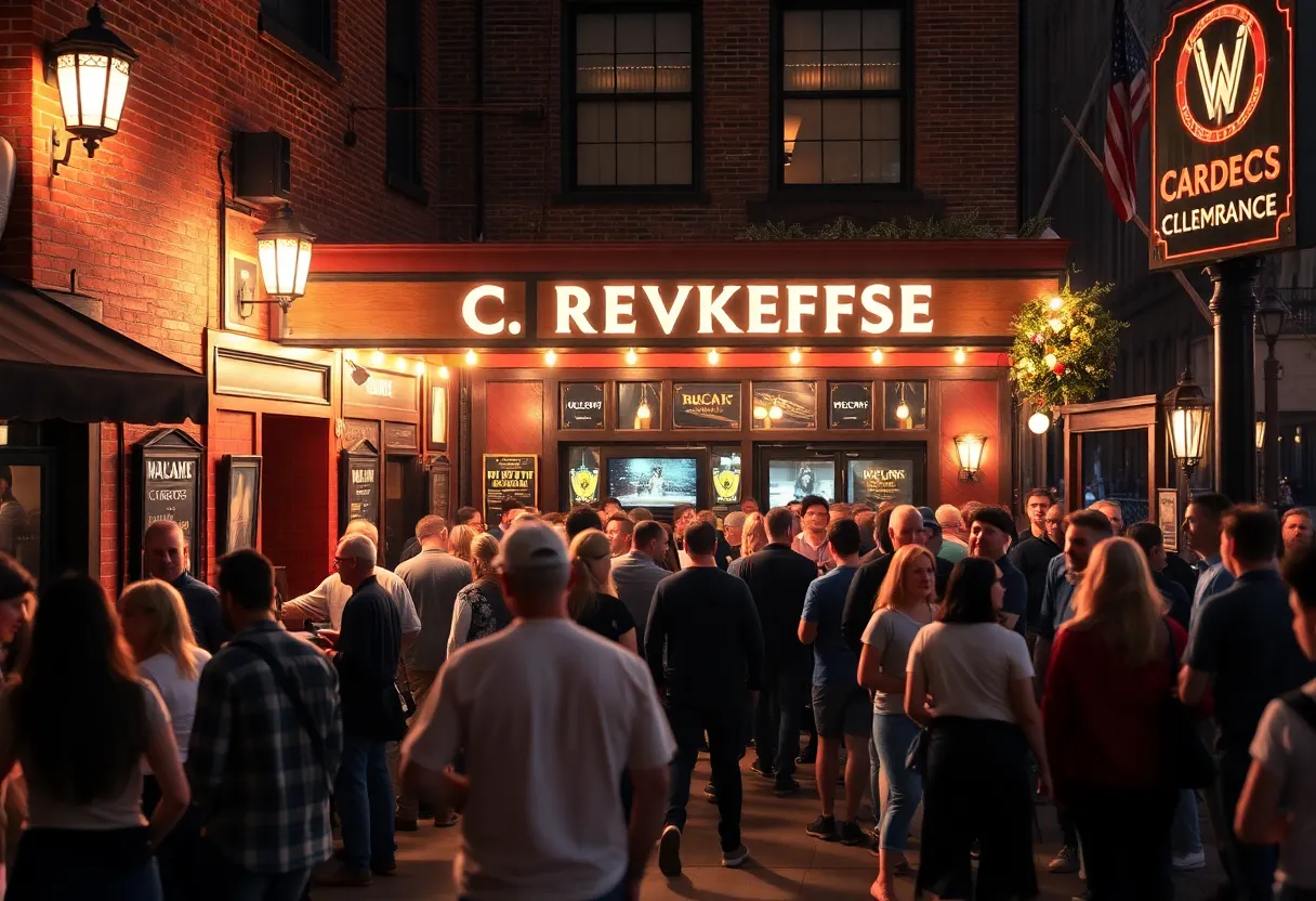 Exterior view of Play Bar & Grill with crowd management in action