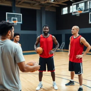 Training session with a Player Development Coach and athletes in a basketball gym.