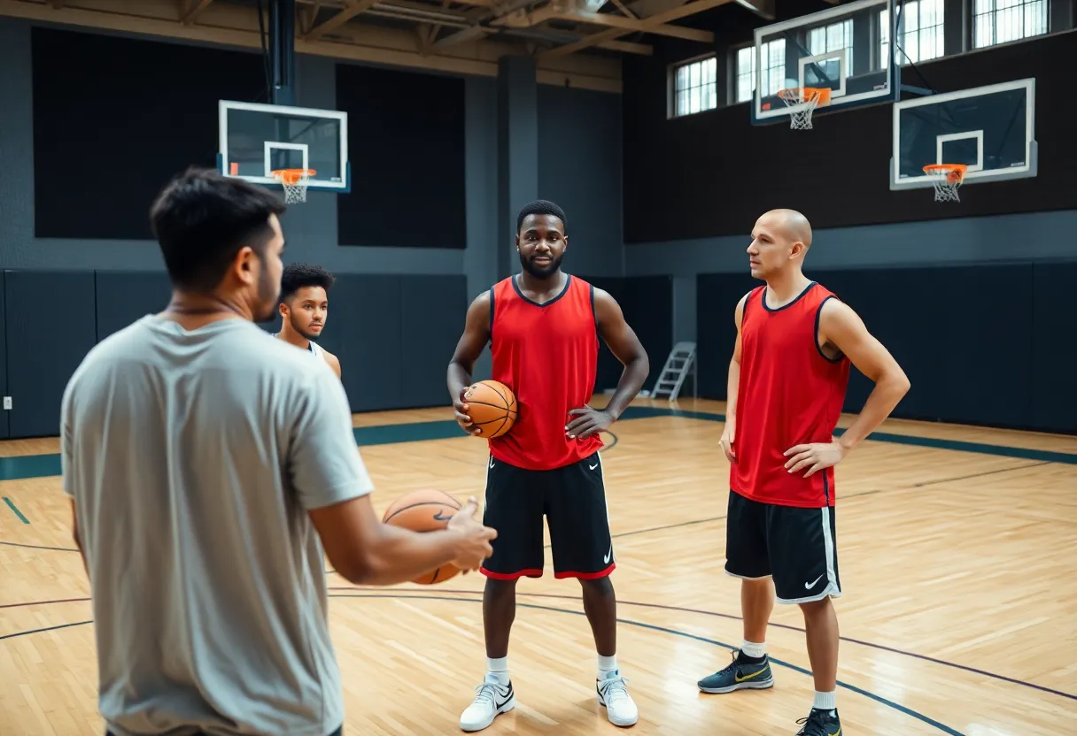 Training session with a Player Development Coach and athletes in a basketball gym.