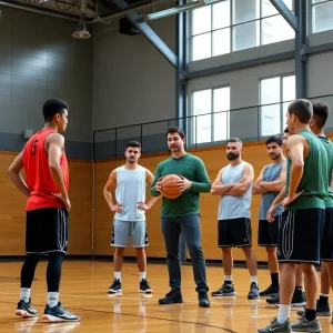 Basketball coach assisting players during practice