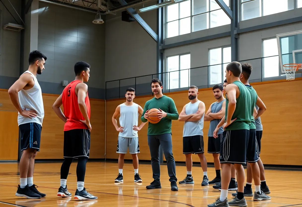 Basketball coach assisting players during practice