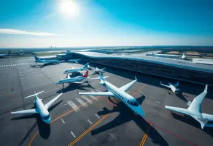 Aerial view of a private jet terminal with aircrafts at Cuyahoga County Airport.