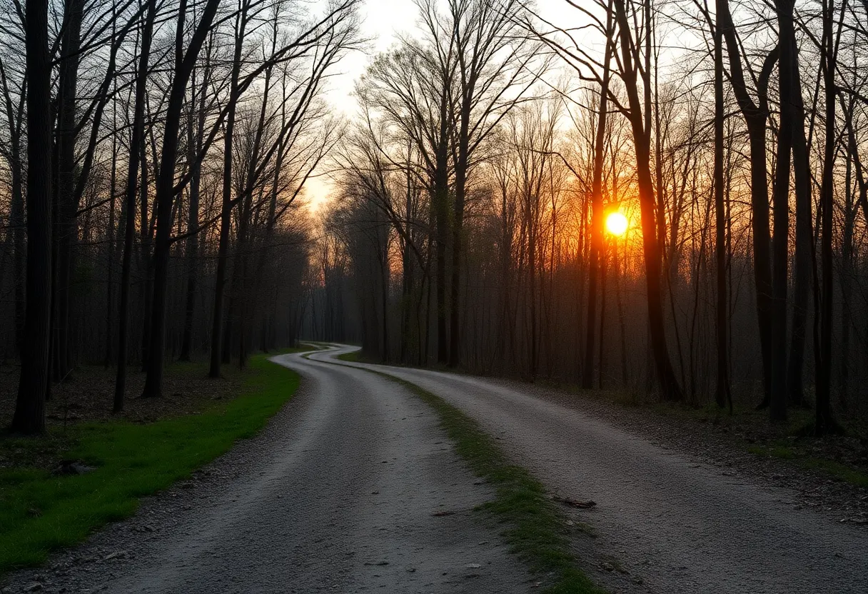 Scenic running trail in Rocky River Reservation during sunset