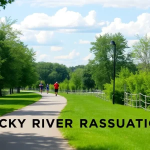 A peaceful scene of Rocky River Reservation with runners