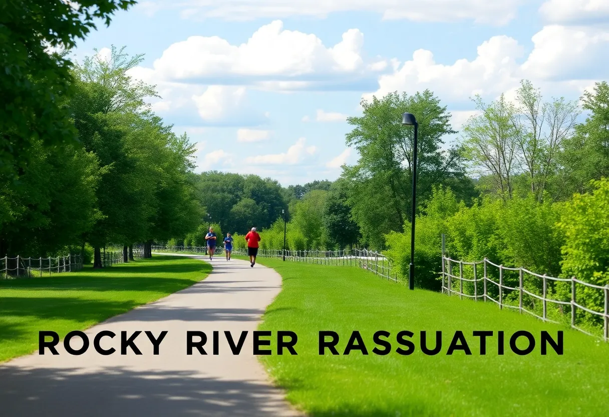 A peaceful scene of Rocky River Reservation with runners