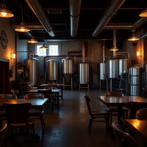 Interior of Royal Docks Brewing Co. taproom, showing empty tables and brewing equipment.