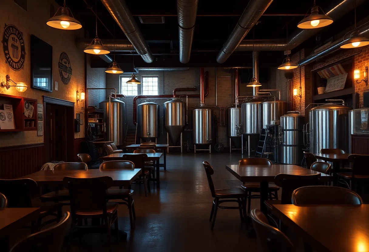 Interior of Royal Docks Brewing Co. taproom, showing empty tables and brewing equipment.
