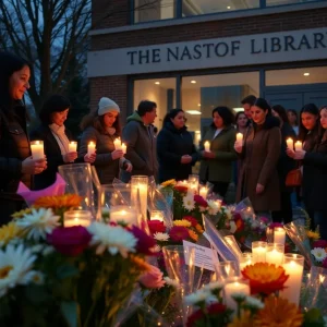 Community members gathered for a vigil outside Shaker Heights Public Library