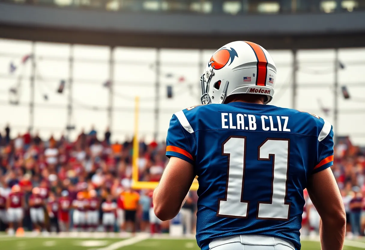 Jersey of a football quarterback on display at a sports event.