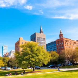 Bright sunny day in Cleveland with clear skies and people enjoying the park.
