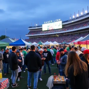 Fans enjoying a tailgate event in downtown Cleveland