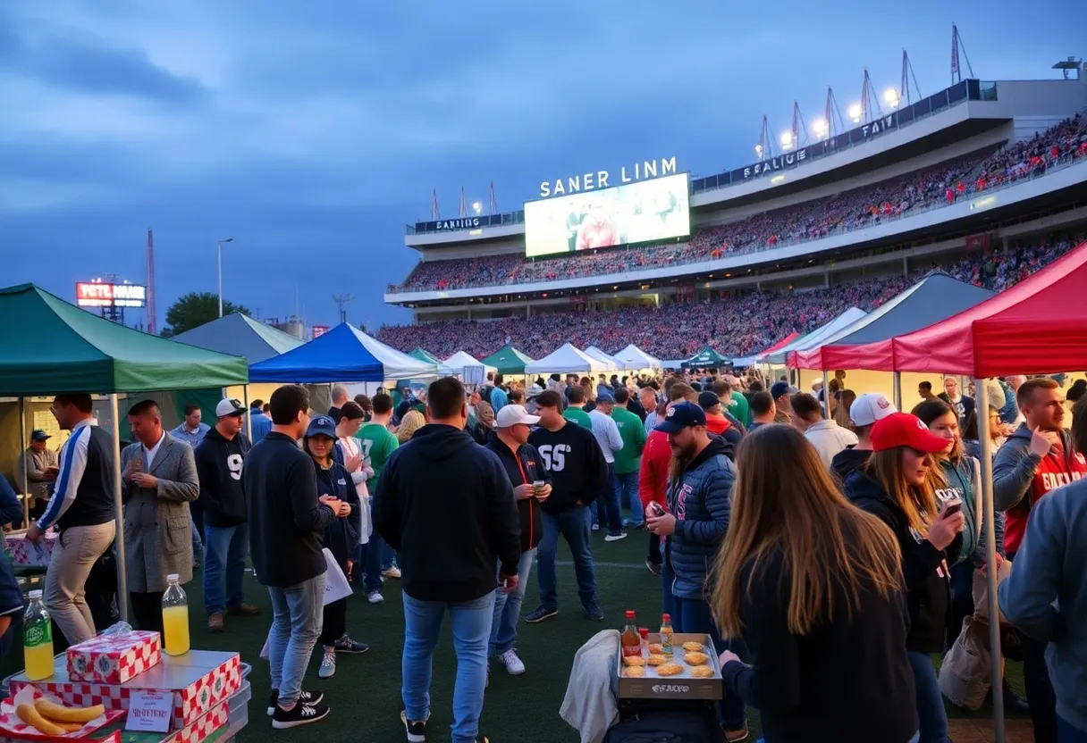 Fans enjoying a tailgate event in downtown Cleveland