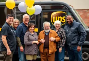 Colleagues and friends celebrating at a UPS driver retirement ceremony.