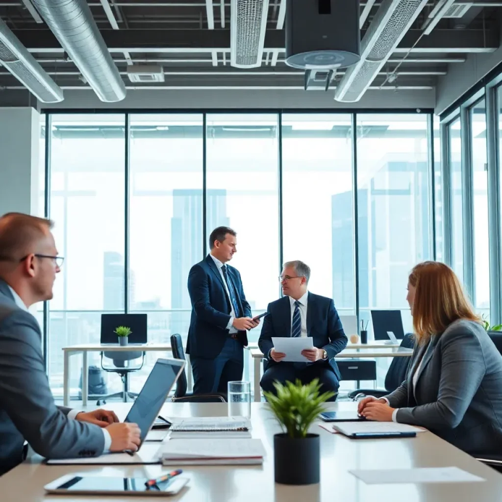 Professionals collaborating in a financial office setting